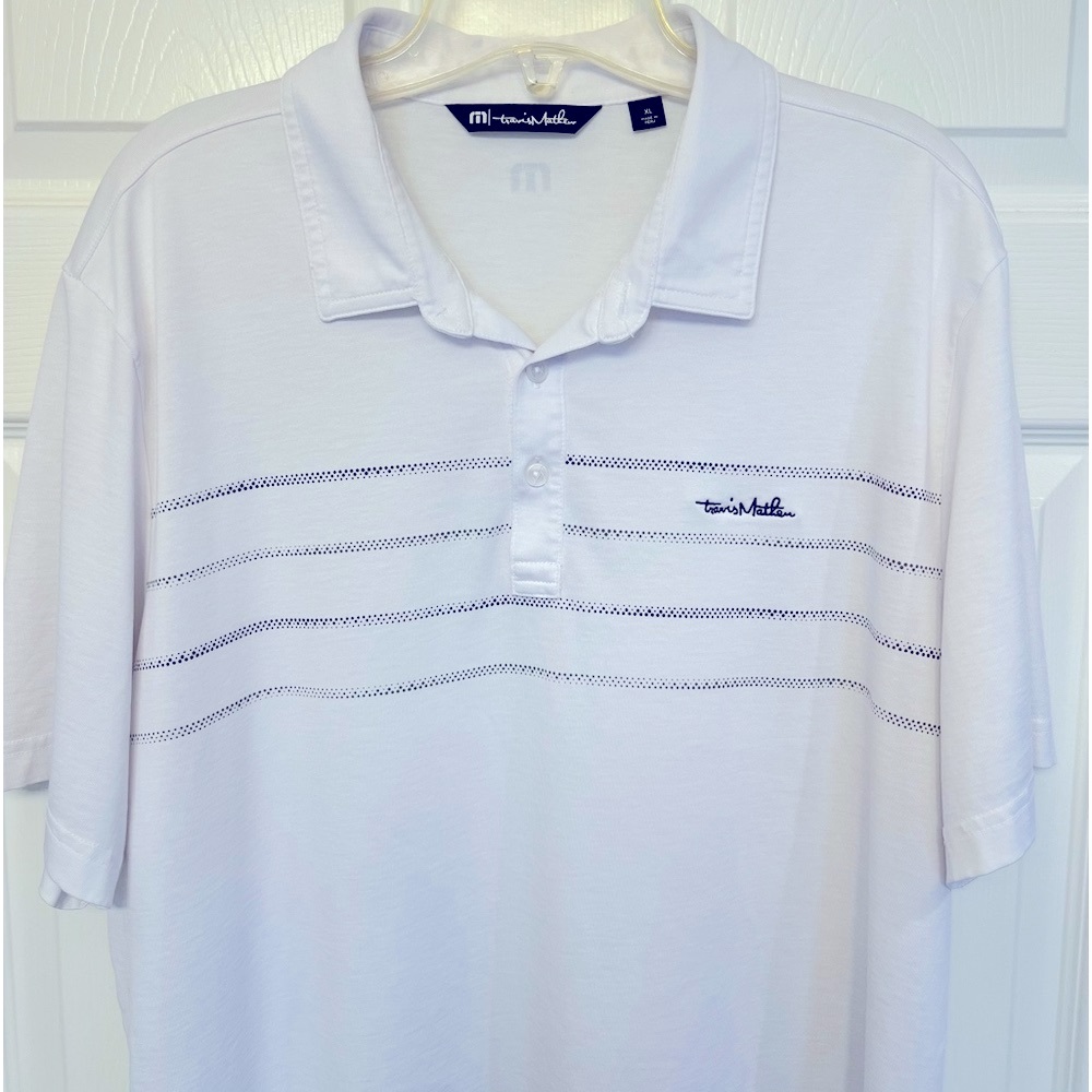 Travis Mathew, The Heater Polo, white with blue trim.